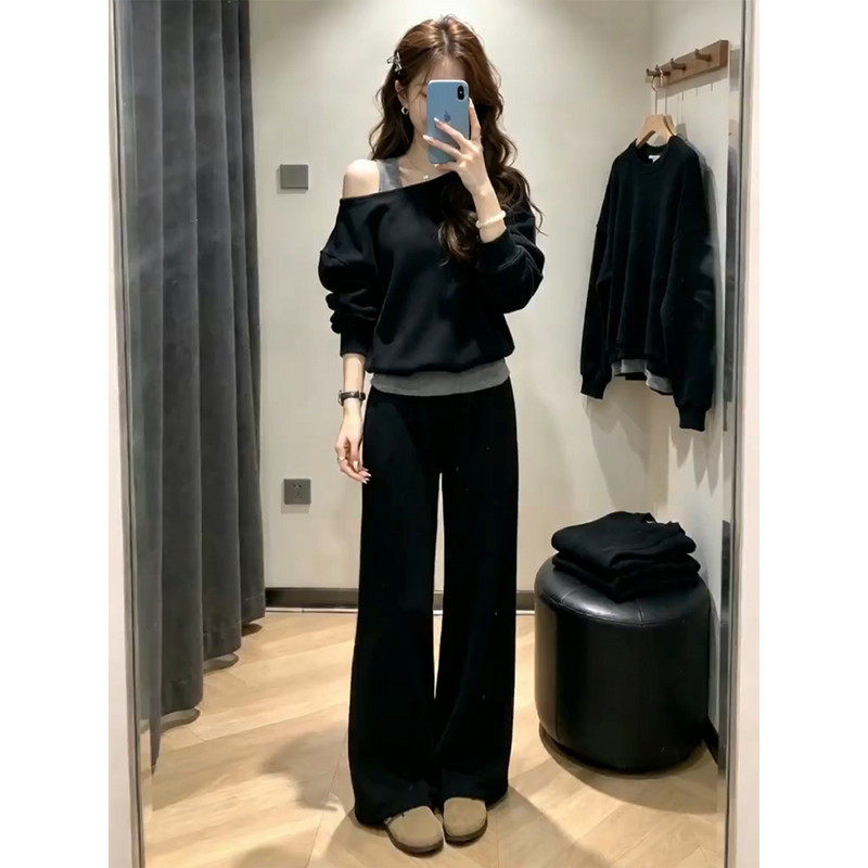 英国DHWA三件套露肩卫衣阔腿裤套装女早秋新款韩系穿搭一整套女装