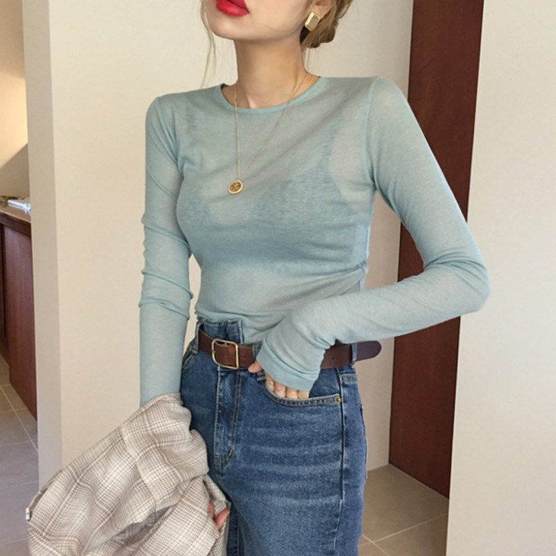 韩国2019春夏新款修身显瘦薄款微透长袖t恤女纯色内搭打底衫上衣|ruв категории Женская одежда, футболка - от Buy2taobao.com для оказания профессиональной услуги покупки агента Taobao