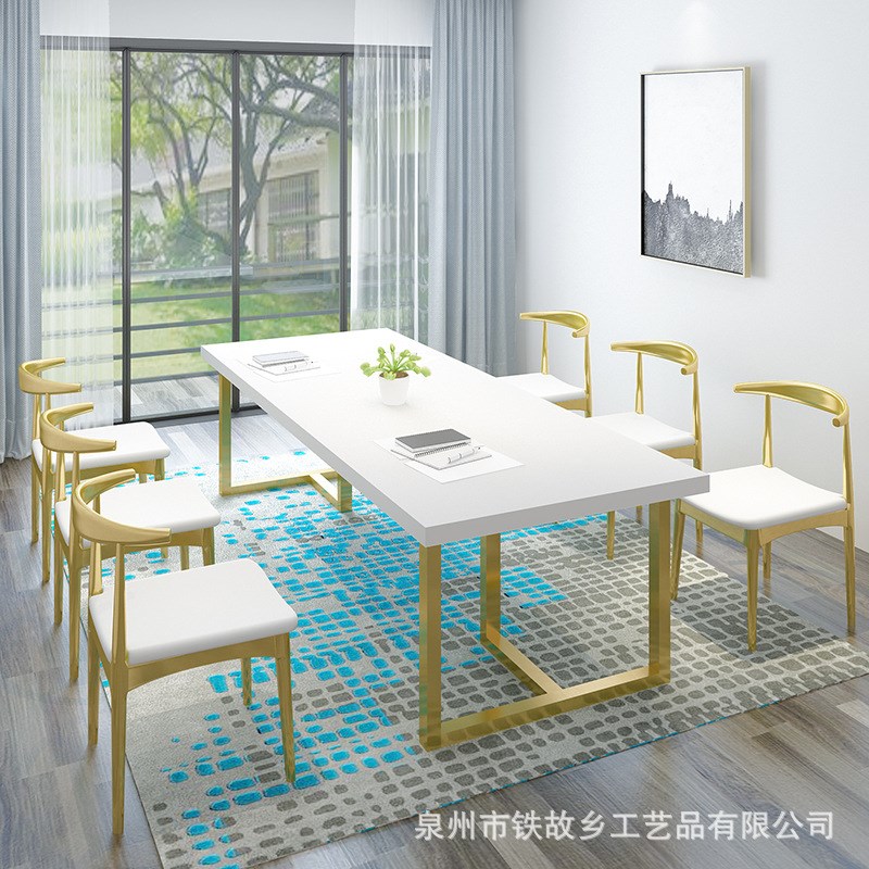 北欧轻奢风实木办公桌子 铁艺白色家用长条桌椅组合公司会议桌椅