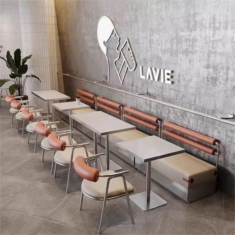 商用咖啡餐饮火锅烤肉店卡座沙发工业风不锈钢椅子西餐厅桌椅组合