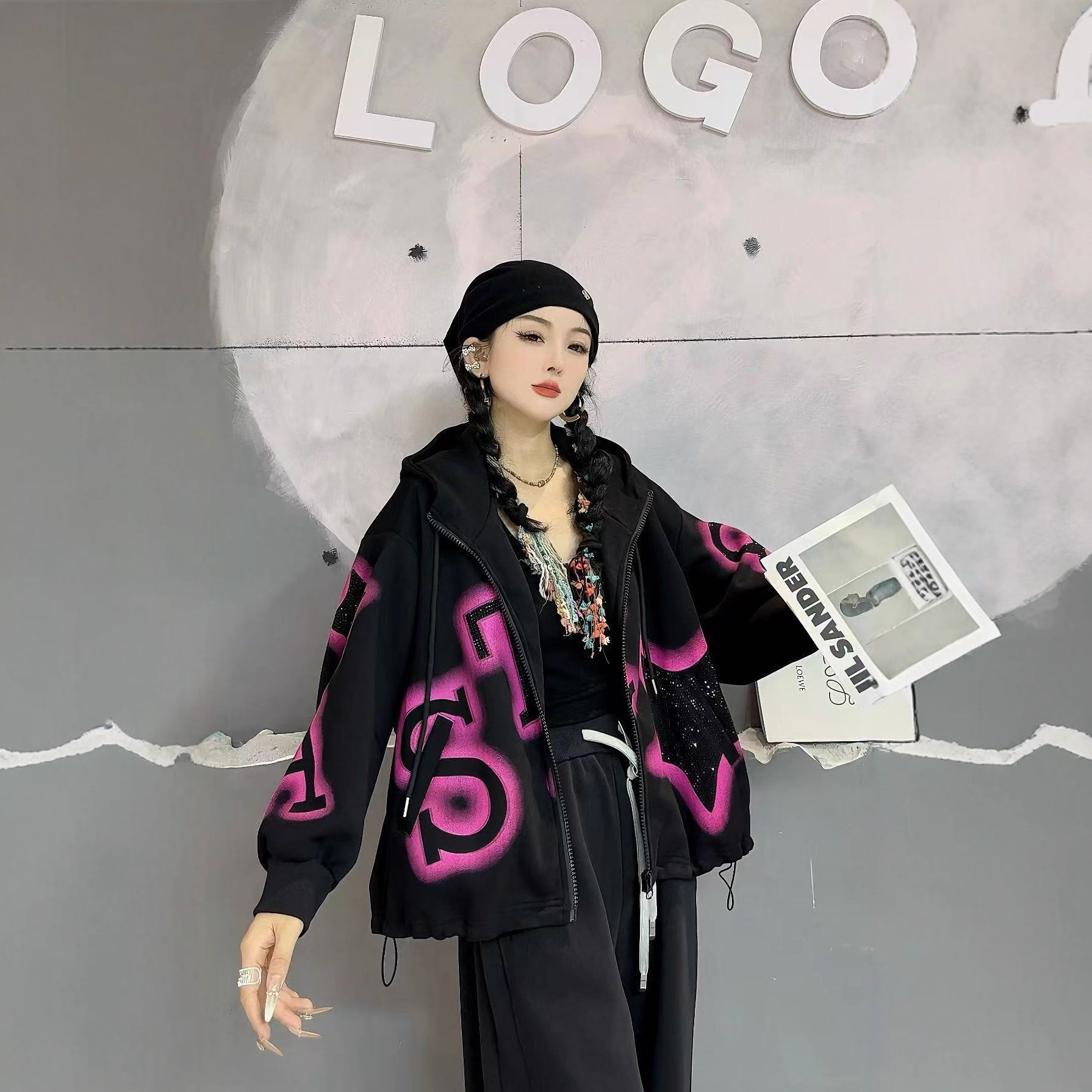 欧货潮牌加绒卫衣开衫女2025秋冬新款星星字母印花粒绒加厚外套