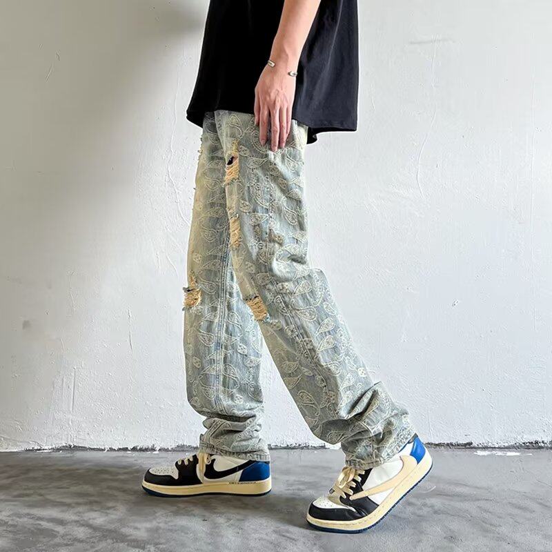 남성용 아메리칸 스트리트 힙합 찢어진 청바지 워싱 앤 에이징 레트로 캐슈 플라워 하이 스트리트 스트레이트 캐주얼 팬츠