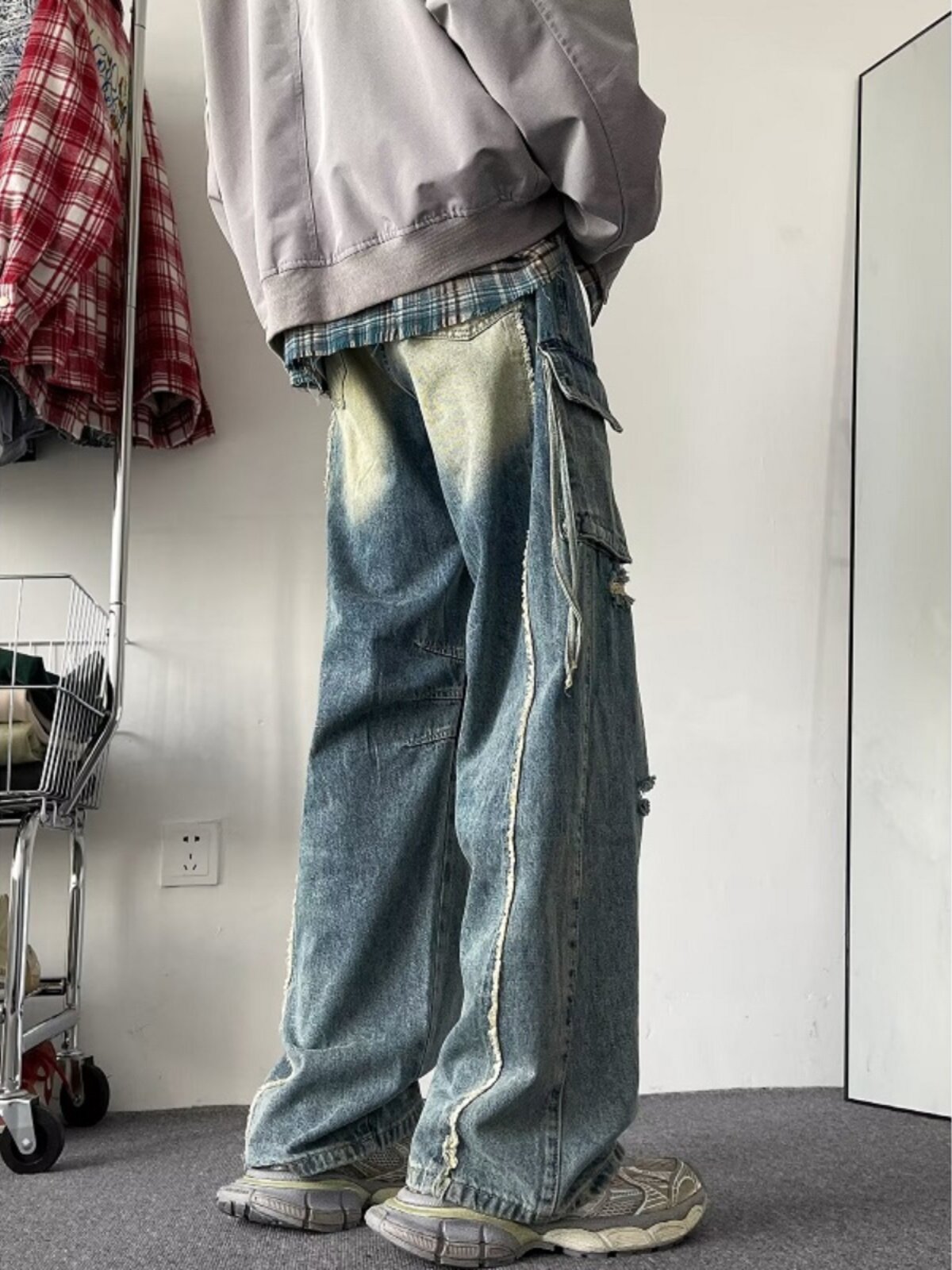 찢어진 작업 청바지 남성 가을 겨울 미국 복고풍 유행 브랜드 바이브 하이 스트리트 바지 루즈 스트레이트 와이드 레그 바지