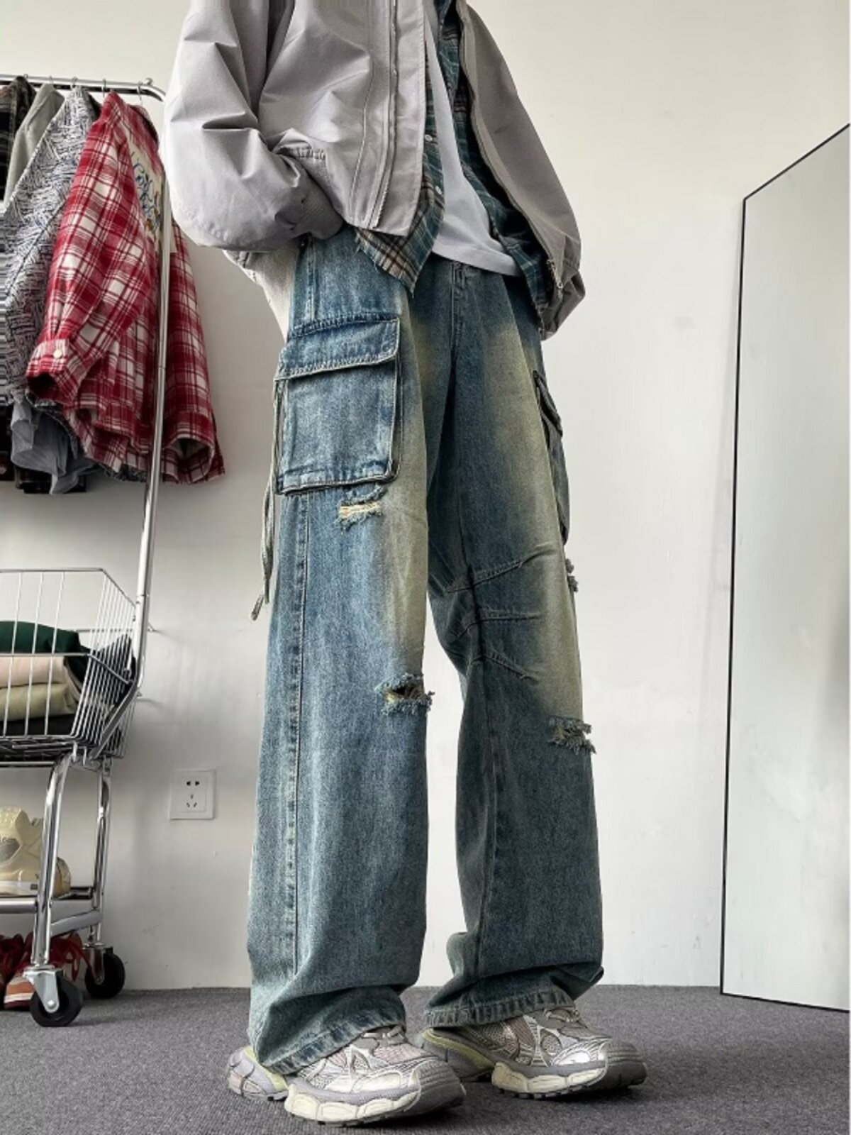 찢어진 작업 청바지 남성 가을 겨울 미국 복고풍 유행 브랜드 바이브 하이 스트리트 바지 루즈 스트레이트 와이드 레그 바지