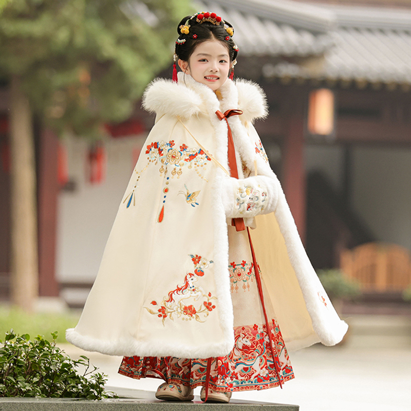 女童汉服披风秋冬中国风加绒加厚斗篷儿童外出防风披肩拜年服冬季