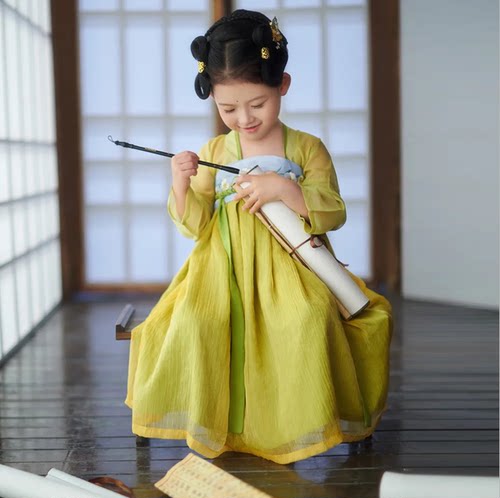 汉服女童春秋薄款儿童古装中国风超仙唐装古风公主女孩春款连衣裙