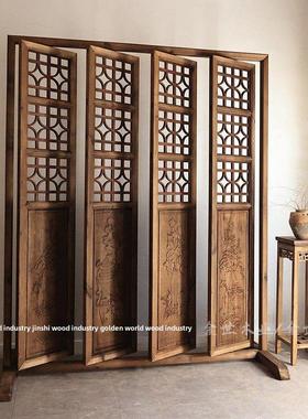侘寂风旋转屏风门窗 中式彷古做旧实木隔断覆古装饰雕花折叠移动