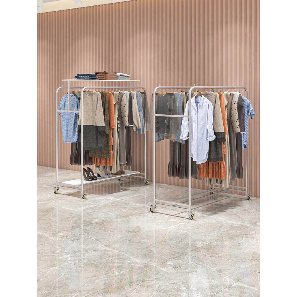 服装店双排中岛展示架不锈钢双杠带轮童装挂衣架女装店铺中间货架