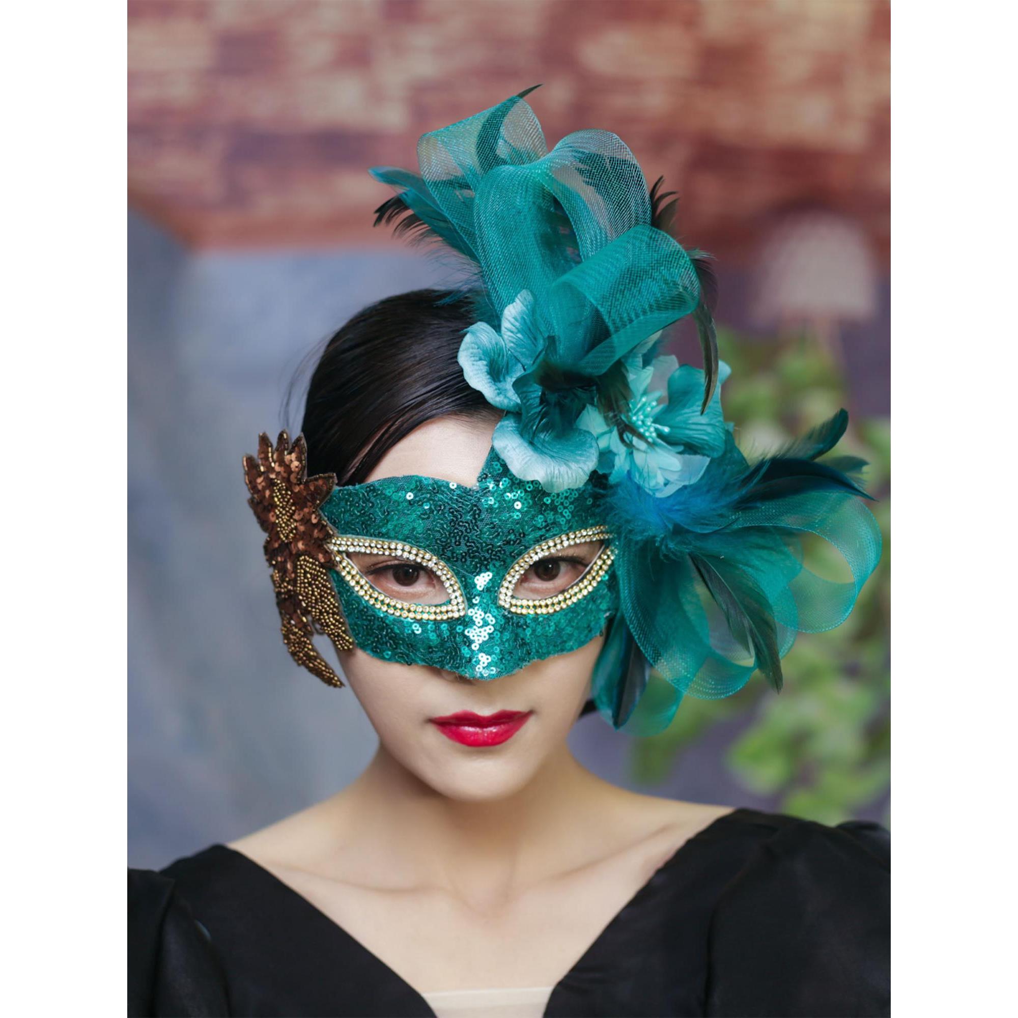 欧美夸张威尼斯绿羽毛花面具面具歌手万圣节嘉年华化妆舞会