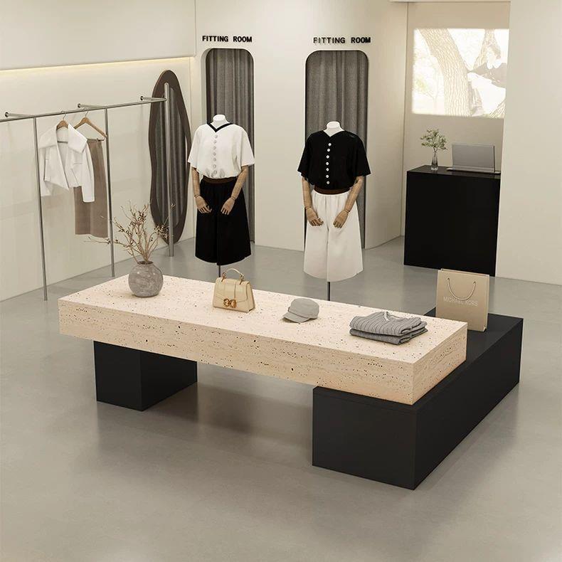 简约现代服装店中岛台展示桌鞋包店铺中间摆放流水台洞石纹展示柜