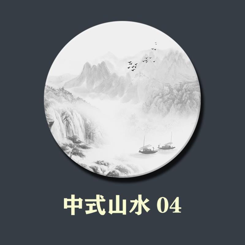 中式山水屏风隔断玄关背景墙双面大理石画定制圆形装饰画加工定做图片