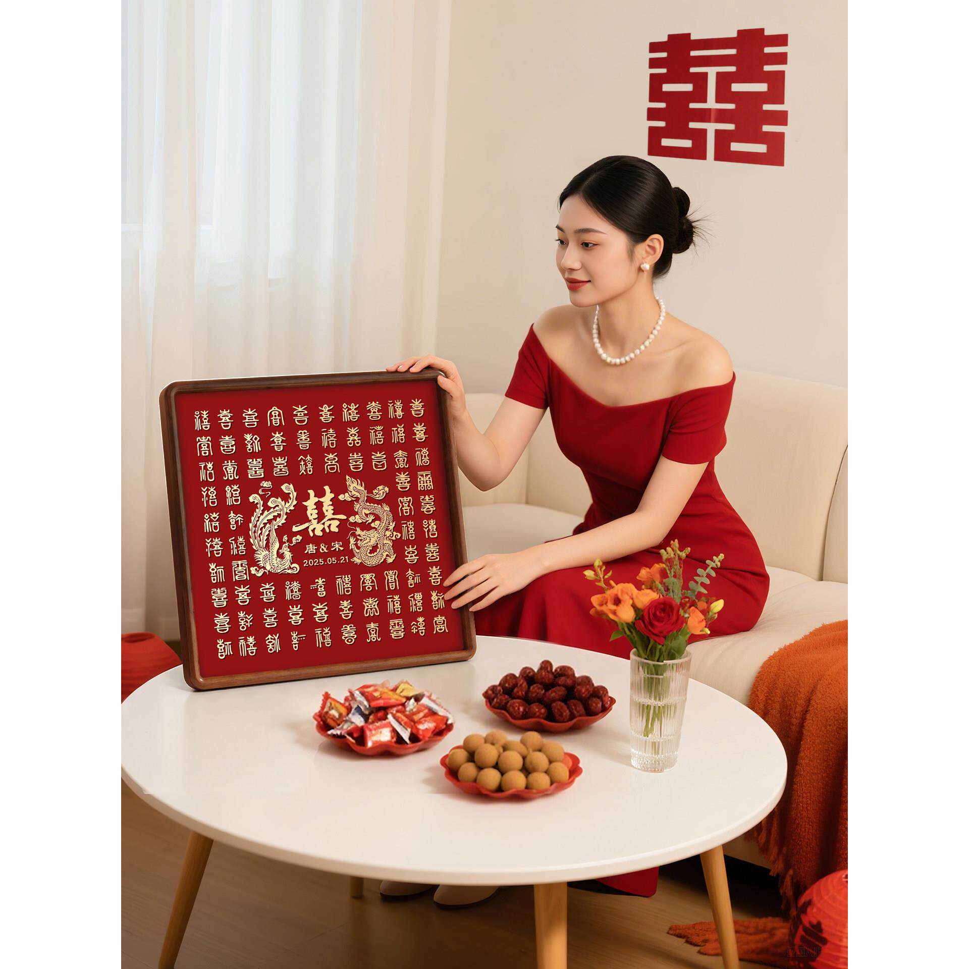 送闺蜜结婚礼物百喜图高档实木铜雕立体喜相框成品高级实用铜摆件