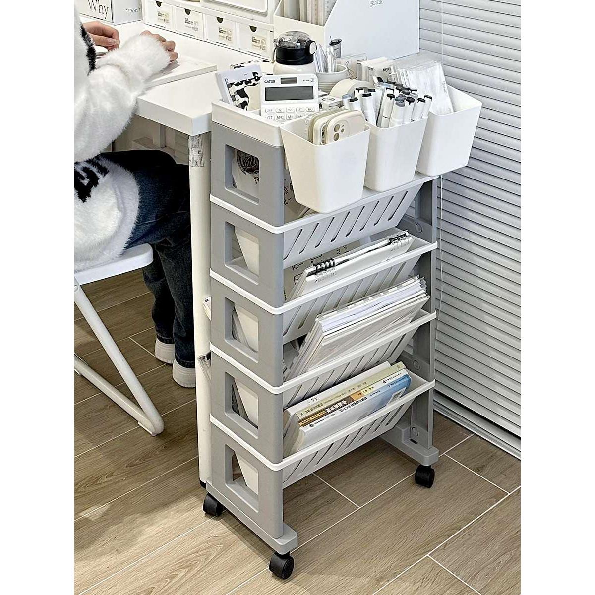 桌边书架学生宿舍家用桌边可移动书本收纳架杂物多层置物架小推车