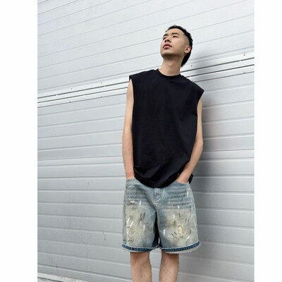 【YMTREND】泼墨美式复古夏季新款五分牛仔短裤直筒阔腿涂鸦裤子