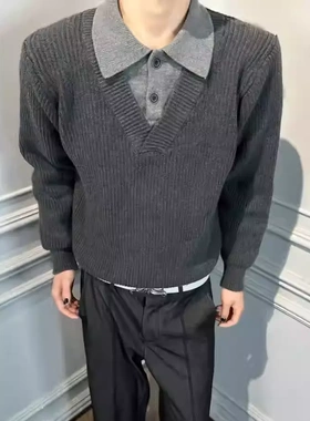 RTIMFD双色V领仿羊绒假两件毛衣miu混纺拼色可贴肤亲肤老钱针织衫