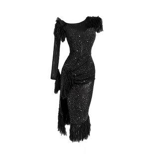 又见梵羽新款拉丁舞蹈服斜肩开叉连衣裙国标舞蹈服伦巴舞服ADL137