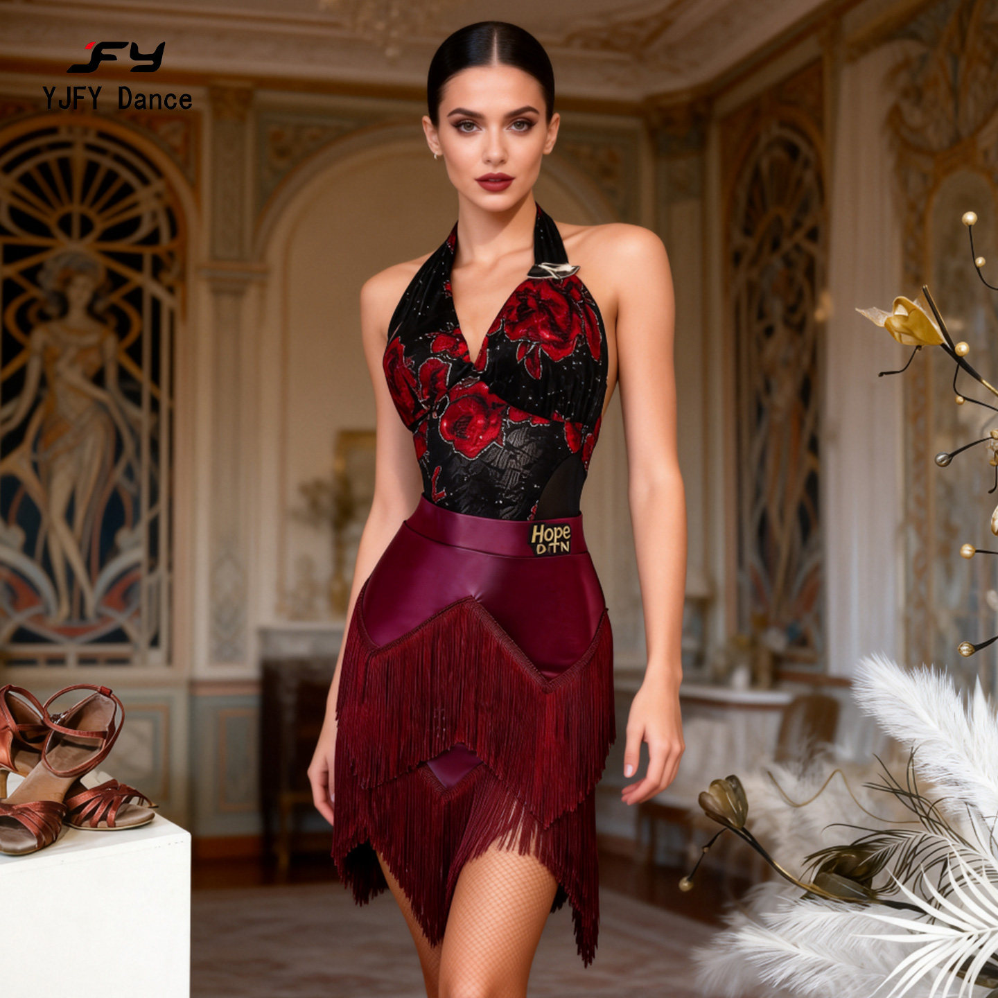 又见梵羽拉丁舞服红色表演服露背连体衣流苏半身裙国标舞服ADL288