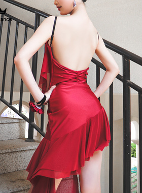 又见梵羽拉丁舞服吊带连衣裙红色练功服国标舞服不规则ADL252