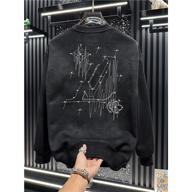 潮牌高端轻奢刺绣做旧破洞圆领卫衣男士秋季新款欧货时尚长袖上衣