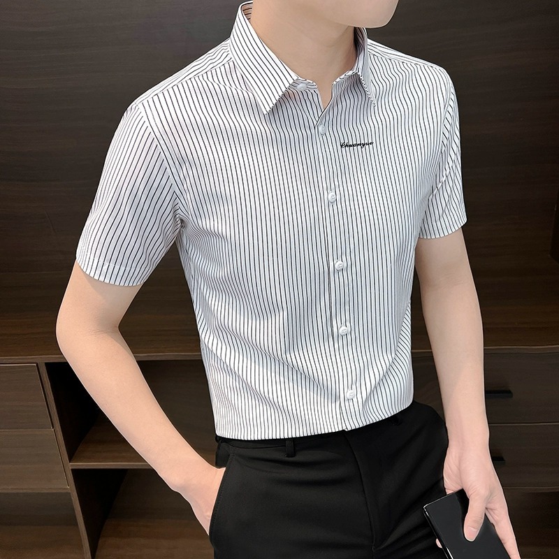 UASK高级感条纹短袖衬衫男夏季2025新款高端商务休闲男士冰丝衬衣