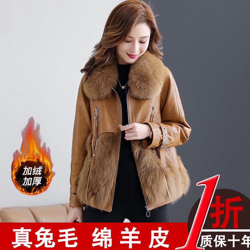 海宁绵羊皮真皮外套2025冬季兔毛皮草派克服皮衣短款皮毛一体女装