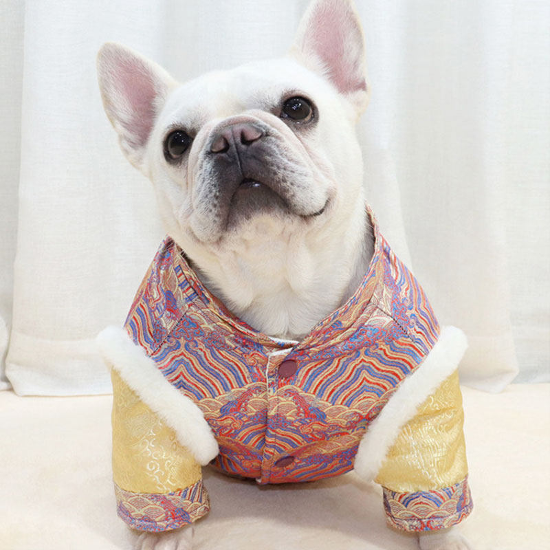 法斗新年装斗牛犬巴哥短体胖狗过年喜庆锦缎唐装加厚中国风拜年服