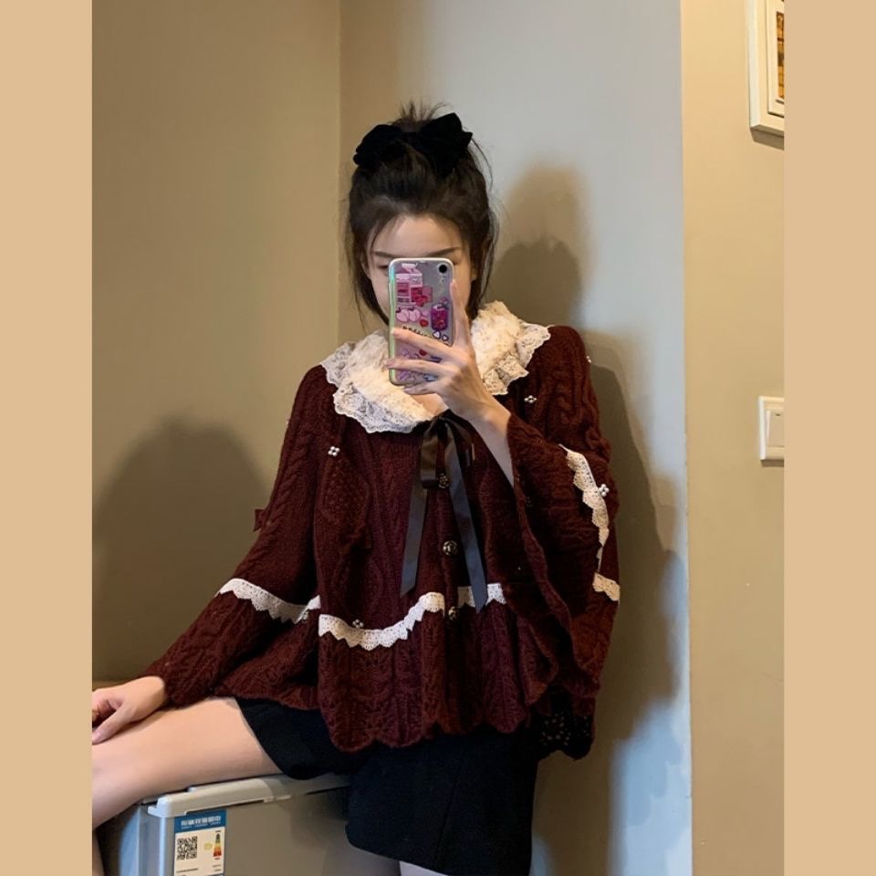 thumbnail for Red cape jacket women's hollow design sense 2025 autumn new foreign niche cardigan knitted top women