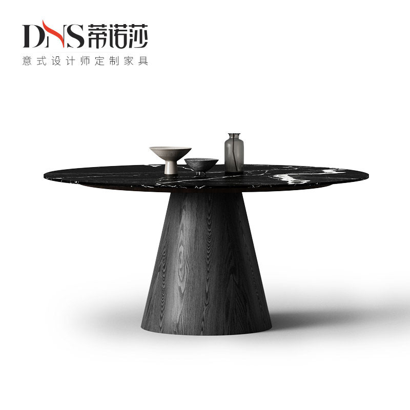 意式实木圆桌餐桌带转盘设计师家用豪宅餐厅高端德利丰岩板圆餐桌