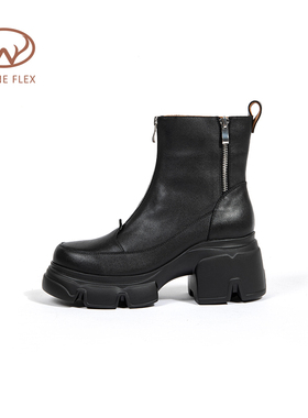 WAYNE FLEX韦恩英伦风时尚厚底短靴百搭显瘦粗跟黑色马丁靴女
