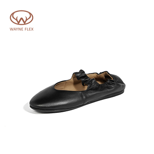 韦恩Wayne Flex复古褶皱浅口时髦优雅玛丽珍圆头百搭透气平底单鞋