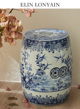 手绘釉下彩青花陶瓷花鸟镂空瓷墩