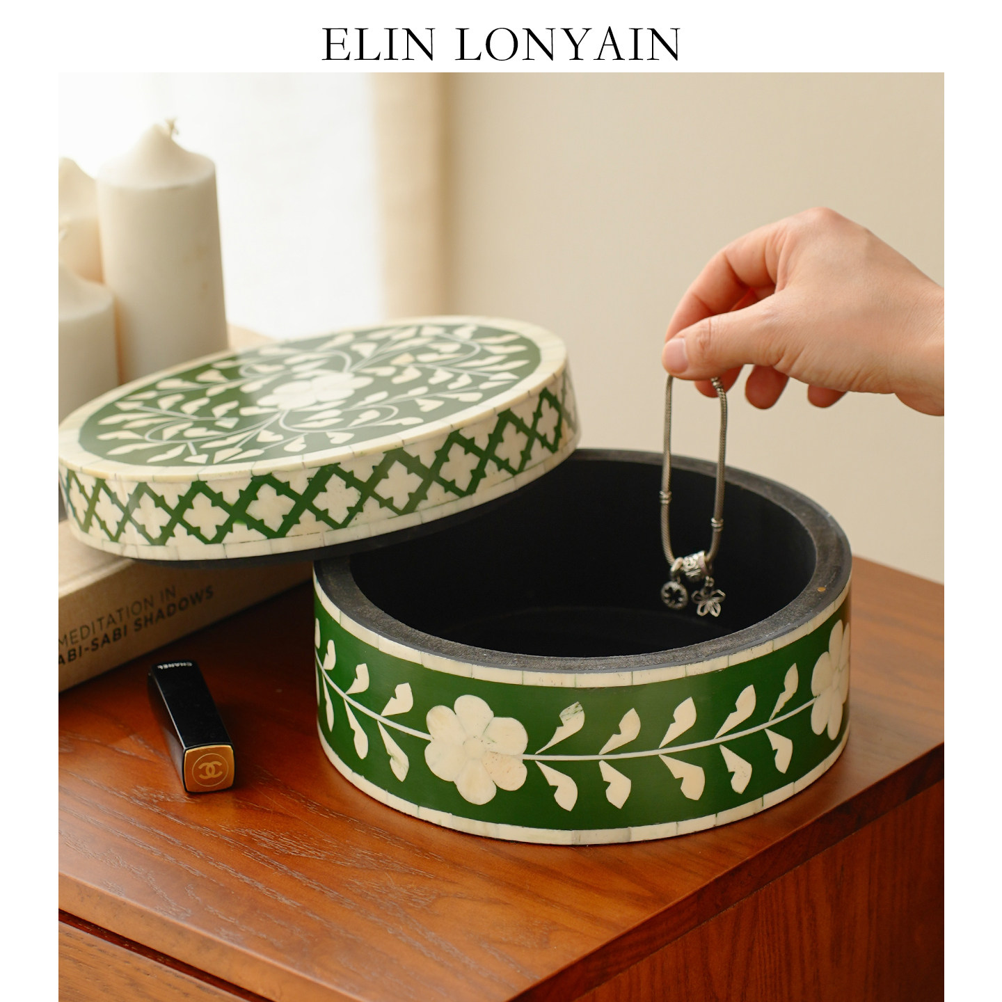 珑衍摆件复古印度进口贝母手工镶嵌牛骨贴花青枝白语匣收纳首饰盒