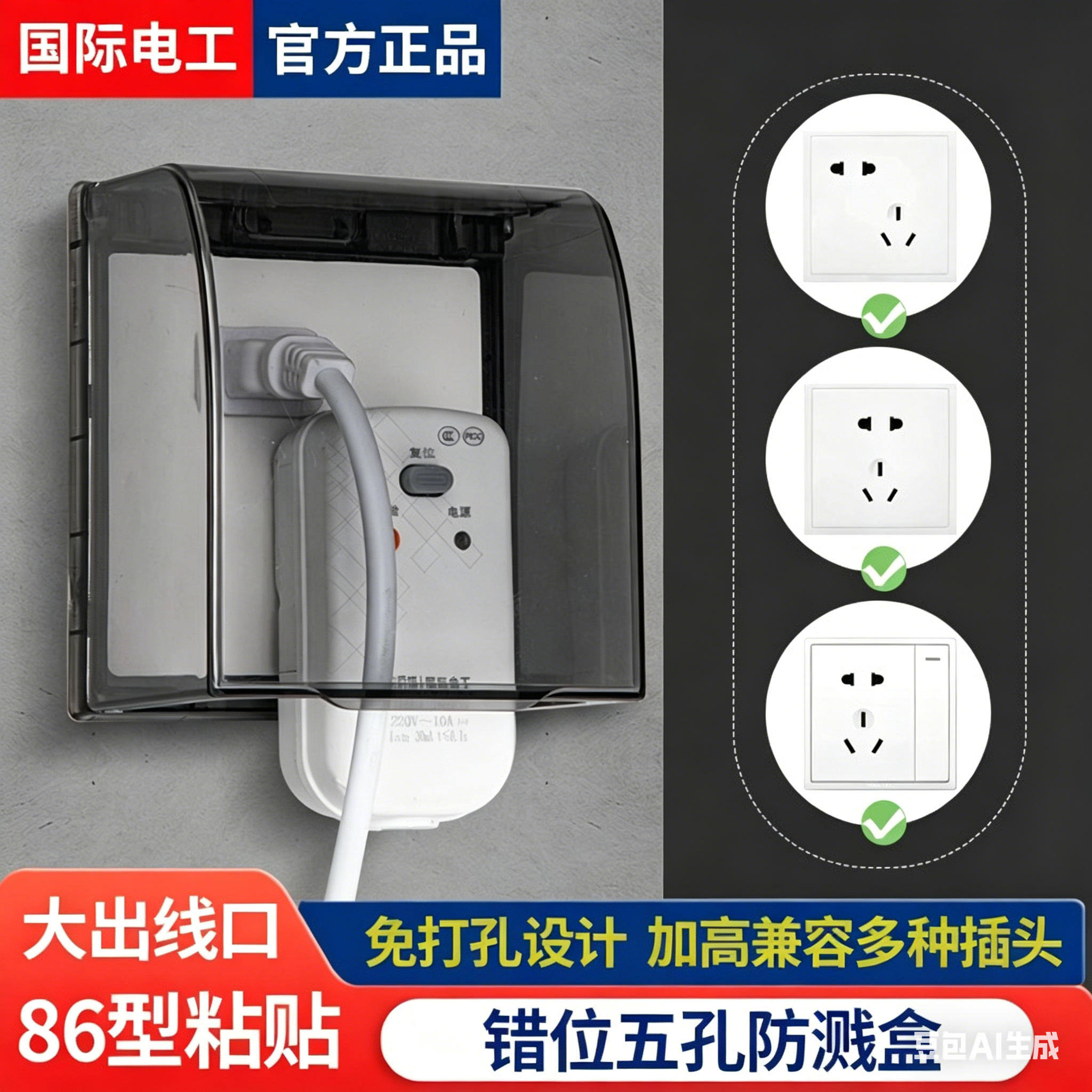 86斜五孔错位插座防水盒自粘款智能马桶插头防水罩加高加大保护盒