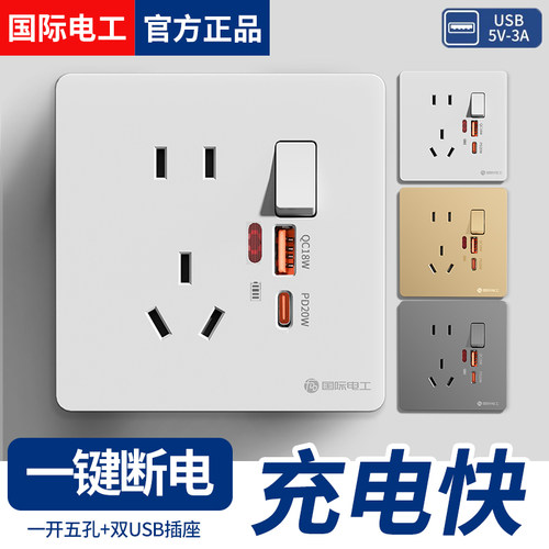 国际电工一开五孔USB+Type-C快充