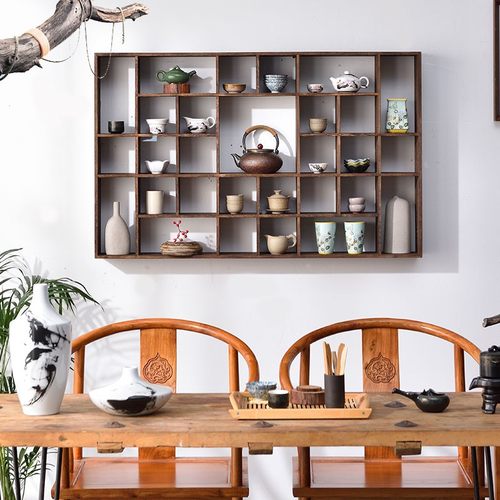 实木多宝阁茶杯架子茶壶茶具收纳置物壁挂展示架中式复古茶架48格