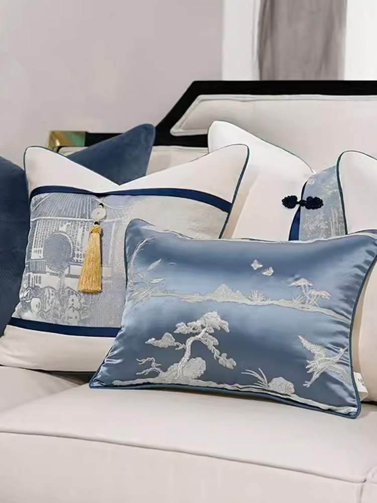 新中式客厅沙发靠枕抱枕蓝色实木椅子提花靠垫床头大靠背腰枕套芯