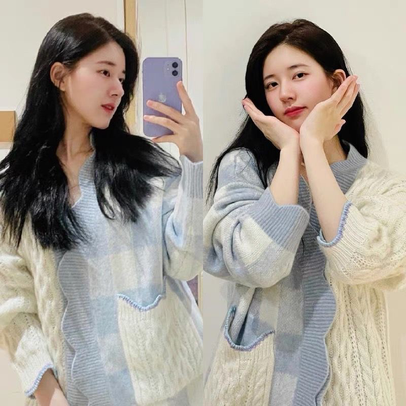 赵露思明星同款外套毛衣蓝色绵云拼接开衫秋冬新款慵懒格子针织衫