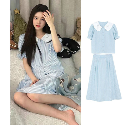 赵露思同款蓝色条纹娃娃领衬衫女夏半身裙两件套韩系奶乖穿搭套装