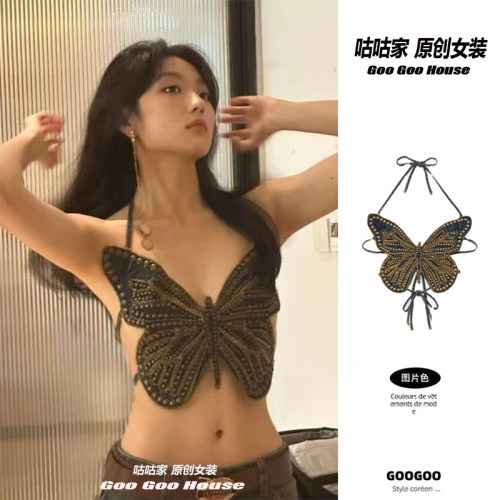 孙千同款蝴蝶铆钉刺绣绑带牛仔露背吊带设计挂脖小众辣妹性感上衣