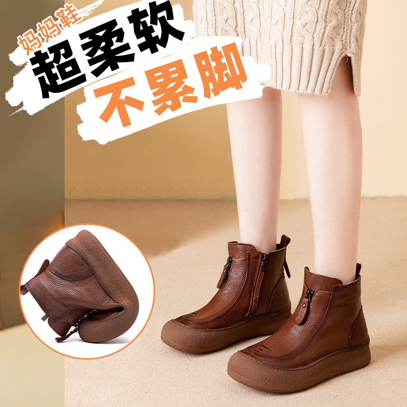 6132秋冬新款短筒时尚厚底妈妈鞋防滑休闲舒适百搭复古平底女靴