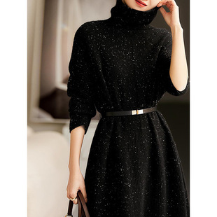 赫本风针织连衣裙女秋冬季打底配大衣亮闪闪宽松慵懒风高领毛衣裙