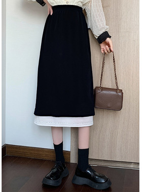 【鄂*定单】2025秋冬新款黑色半身裙女法式气质拼接撞色中长裙子