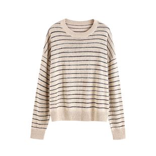 宽松拼色条纹毛衣秋冬女外穿百搭套头长袖 韩版 针织上衣 BC定单
