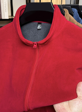 大红色双面摇粒绒立领卫衣男开衫外套秋冬季加厚拉链休闲抓绒夹克