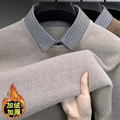 加绒加厚假两件毛衣男士衬衫领雪尼尔针织衫一体绒保暖内搭冬男款