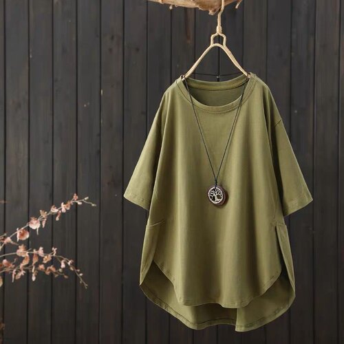 圆领短袖纯色T恤女夏季时尚百搭宽松休闲前短后长半袖t恤衫上衣