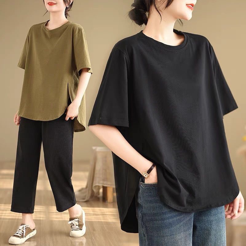 宽松版短袖t恤女新款大码妈妈纯棉夏装欧货洋气前短后长显瘦上衣
