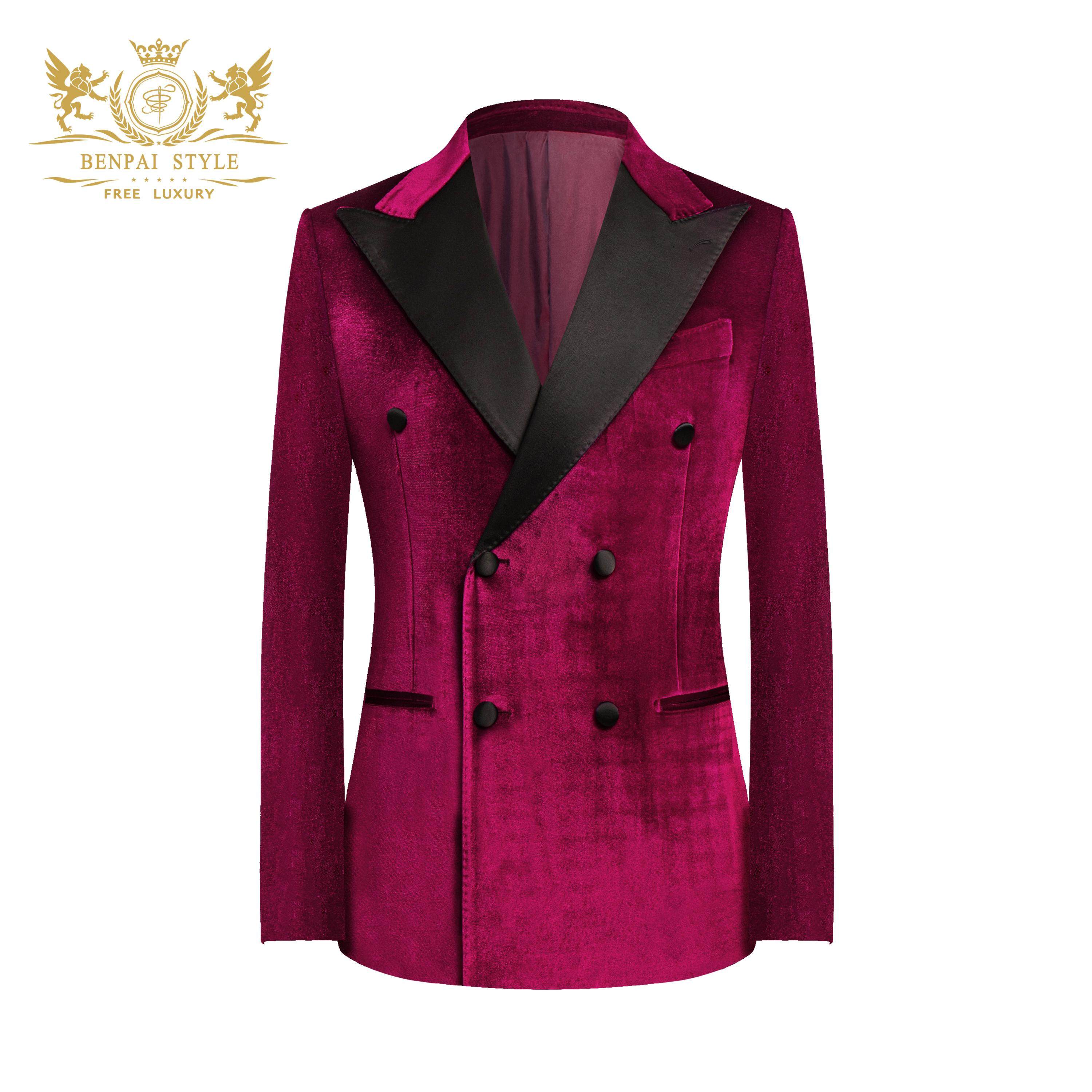 本派金丝绒西装外套男新郎结婚双排扣戗驳领酒红色西服塔士多礼服
