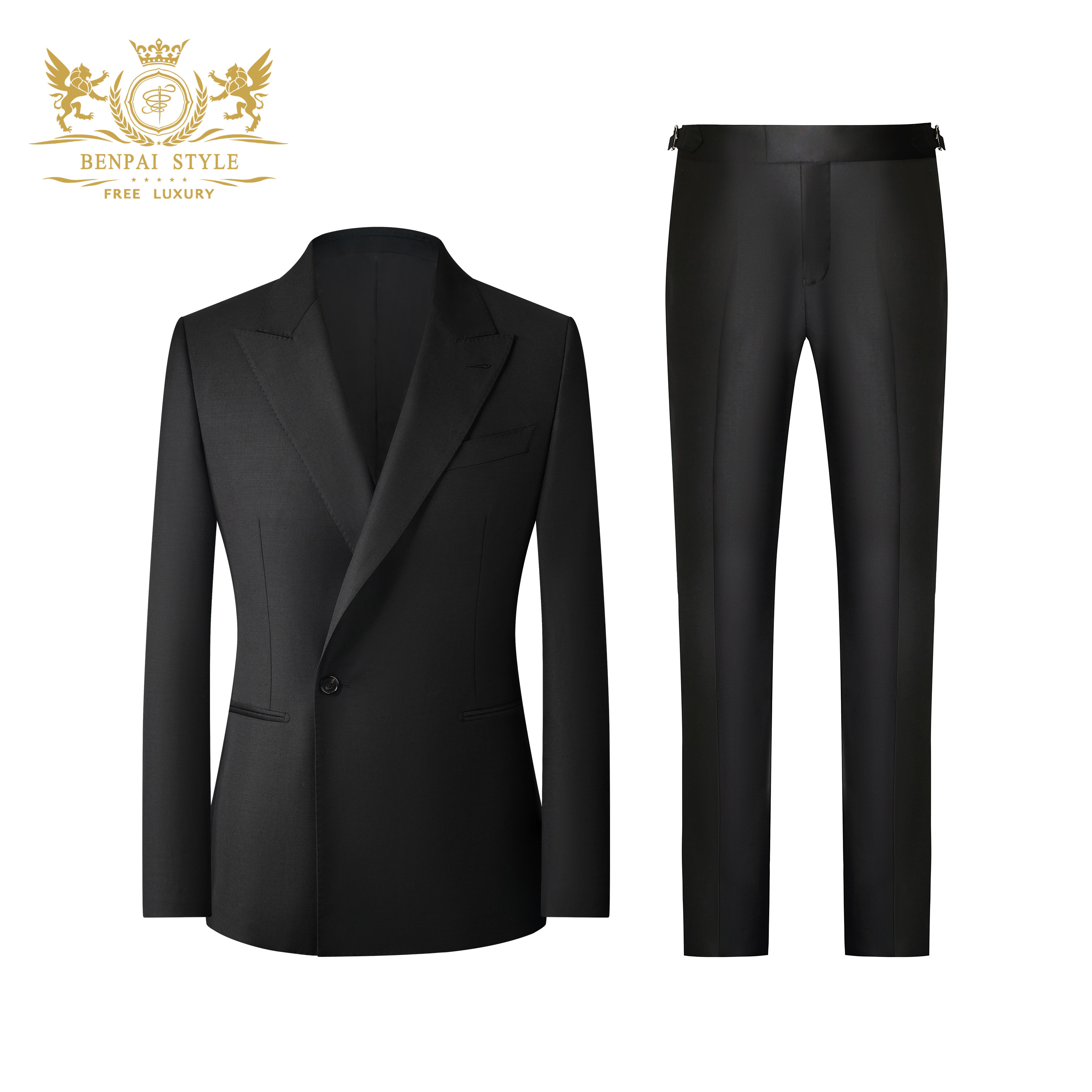 本派纯羊毛西服套装男士新款意式高定一粒扣戗驳领黑色商务外套男