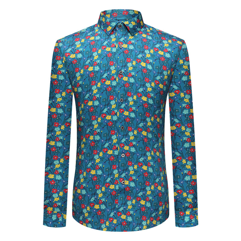 本派碎花衬衫男长袖春秋新款韩版修身个性水墨画印花高档休闲衬衣